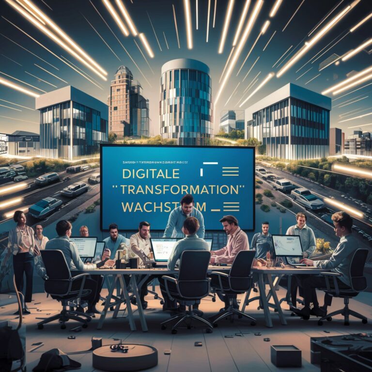 Gruppe von Fachleuten diskutiert Strategien zur digitalen Transformation in einem High-Tech-Konferenzraum