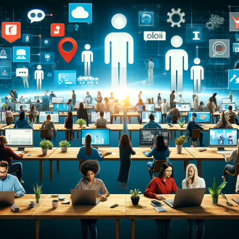 Menschen aus verschiedenen Orten arbeiten an Computern, verbunden durch digitale Plattformen wie Slack, Microsoft Teams und Zoom. Im Hintergrund sind holografische Bildschirme zu sehen, die kollaborative Tools, Chatnachrichten und Videokonferenzen darstellen und die nahtlose Kommunikation und Teamarbeit betonen.