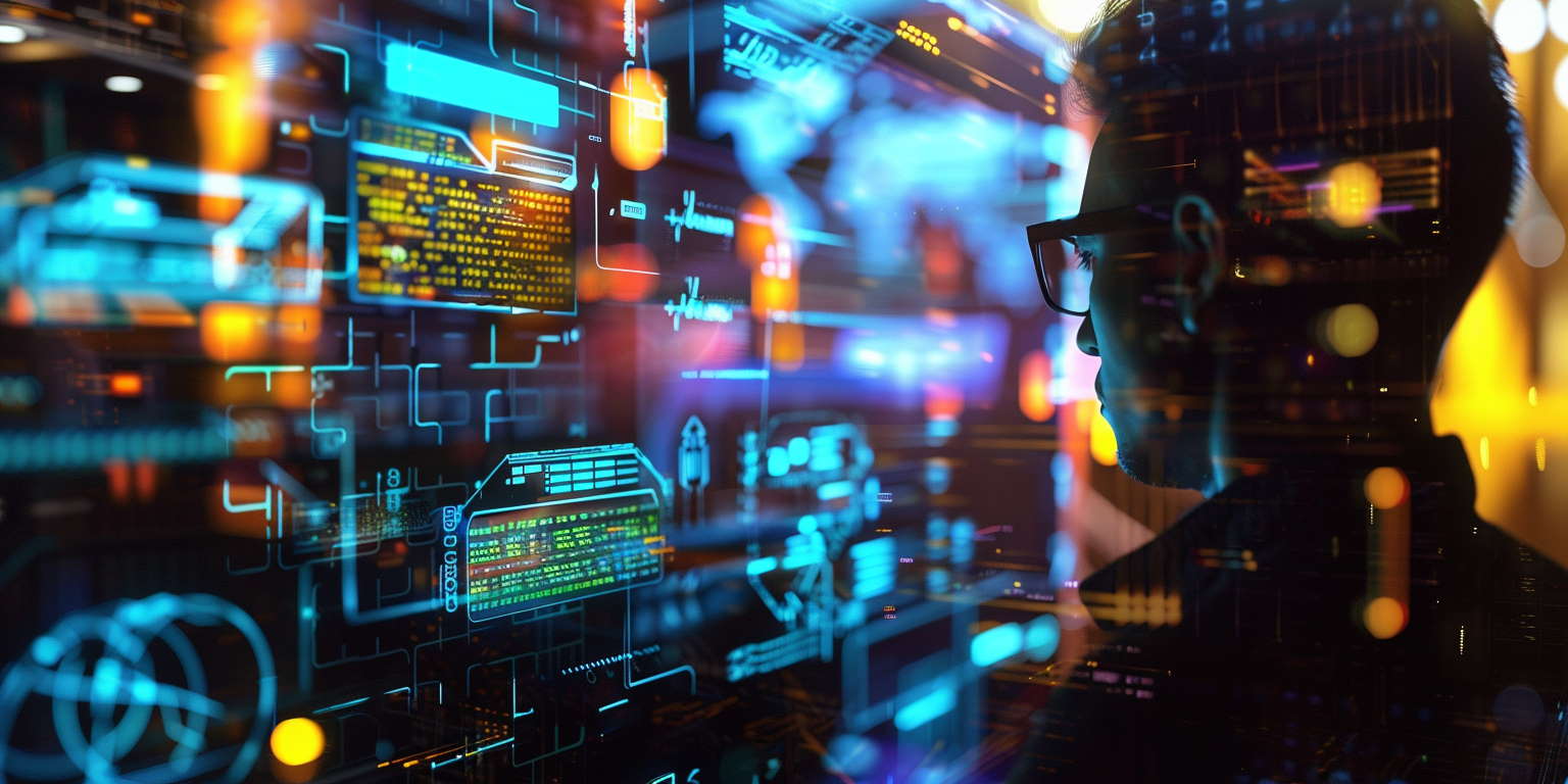 Ein Mann mit Brille schaut auf mehrere holografische Displays mit digitalen Daten und Diagrammen. Die Bildschirme zeigen verschiedene technologische und datenbezogene Informationen in leuchtenden Farben, die die fortschrittliche Nutzung von künstlicher Intelligenz darstellen.