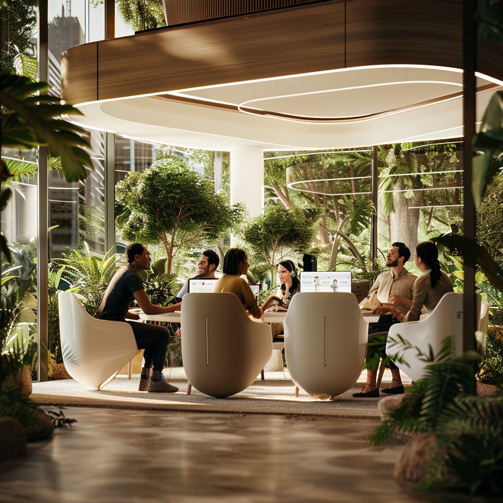 Eine Gruppe von Menschen sitzt in einem modernen, grünen Büro und arbeitet zusammen. Das helle, offene Raumdesign mit großen Fenstern und vielen Pflanzen verkörpert die Zukunft der Arbeit.