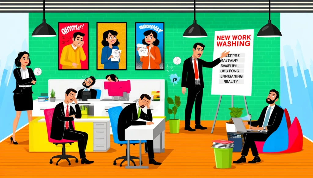 Illustration eines Büros mit Mitarbeitern, die während einer Präsentation über New Work gelangweilt und desinteressiert wirken