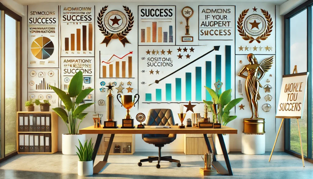 Ein modernes Büro mit Symbolen des Erfolgs, einschließlich Trophäen, Zertifikaten und Diagrammen, die positive Ergebnisse anzeigen.