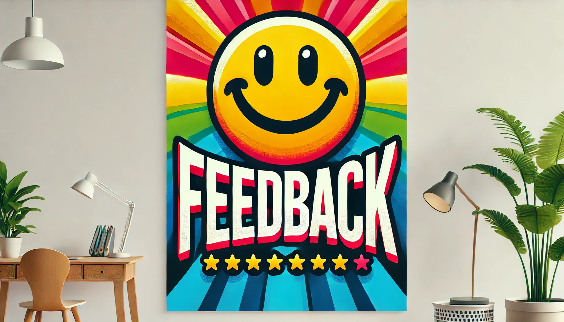 Feedback als Schlüssel zum Erfolg - Buntes Poster mit einem großen Smiley im Hintergrund