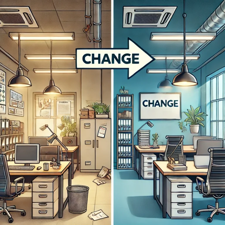 Transformation eines alten, unordentlichen Büros in einen modernen, organisierten Arbeitsplatz mit einem großen Pfeil und dem Wort "Change" auf einem Bild im neuen Büro.