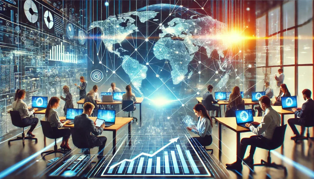 Dynamische, moderne Büroumgebung mit vielfältigen Mitarbeitern, die an fortschrittlichen Technologiegeräten arbeiten, vor einer Weltkarte mit globalen Verbindungen und einem digitalen Wachstumsgrafik im Hintergrund.