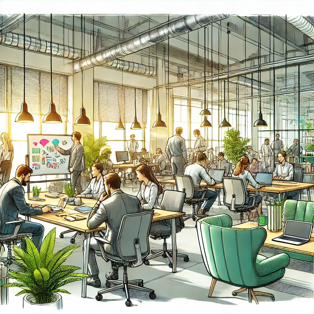 Illustration eines positiven Arbeitsumfelds in einem modernen Büro, gefüllt mit natürlichen Licht, grünen Pflanzen und Mitarbeitern, die von hinten oder der Seite zu sehen sind und harmonisch zusammenarbeiten.