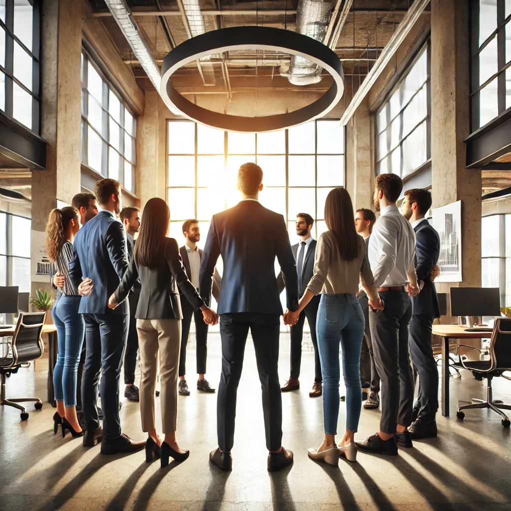 Ein diverses Team von Fachleuten steht in einem Kreis in einem modernen Büro, mit dem Rücken zur Kamera, und hält sich an den Händen, um Einheit und Zusammenarbeit zu symbolisieren. Die offene und helle Büroumgebung verstärkt die positive Atmosphäre und unterstützt die Erreichung der Teamziele.