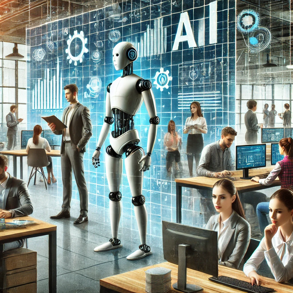 Eine moderne Büroumgebung mit einer Mischung aus Mitarbeiterinnen, die an traditionellen Aufgaben arbeiten, und KI-gestützten Robotern, die bei verschiedenen Tätigkeiten unterstützen. Einige Mitarbeiterinnen wirken ängstlich und skeptisch, während andere positiv mit der Technologie interagieren. Im Hintergrund ist eine digitale Benutzeroberfläche zu sehen, die die Integration von KI in Geschäftsprozesse hervorhebt.