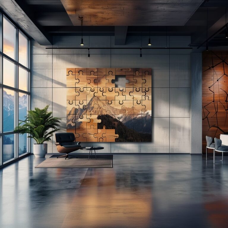 Ein stilvoller Büroraum mit einer großen Fensterfront und einer kunstvollen Holzinstallation an der Wand, symbolisierend Organisationsentwicklung Tirol.