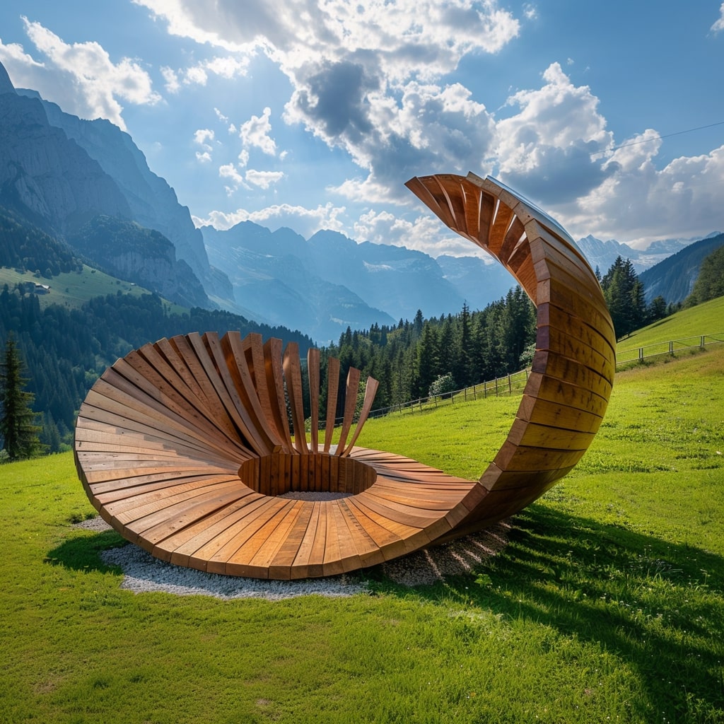 Eine kunstvolle Holzspirale auf einer grünen Wiese in den Tiroler Alpen, symbolisierend Organisationsentwicklung Tirol.