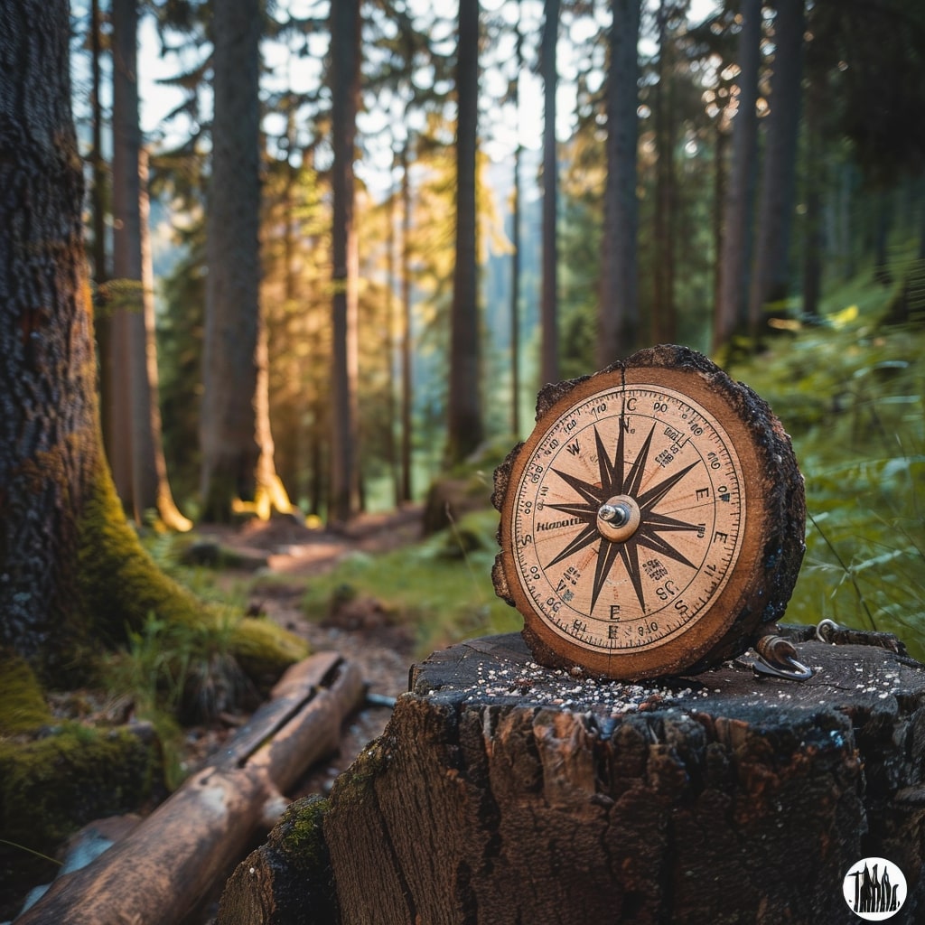 Ein großer, handgeschnitzter Holzkompass, der auf einem Baumstumpf in einem Wald in Tirol steht, symbolisierend Organisationsentwicklung Tirol.