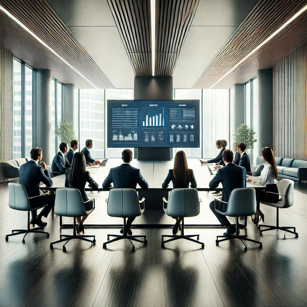 Menschen sitzen in einer Reihe an einem Konferenztisch in einem modernen Besprechungsraum, während sie auf große Bildschirme schauen. Symbolisiert Zusammenarbeit und moderne Führung.