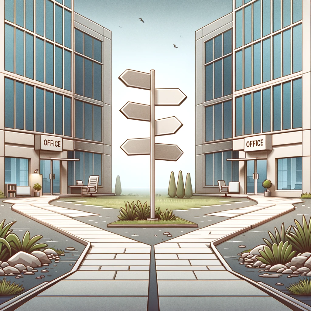 Zwei moderne Bürogebäude links und rechts mit einem Weg, der zu einer Kreuzung mit leeren Schildern führt, die eine Entscheidung zur beruflichen Neuorientierung symbolisieren.