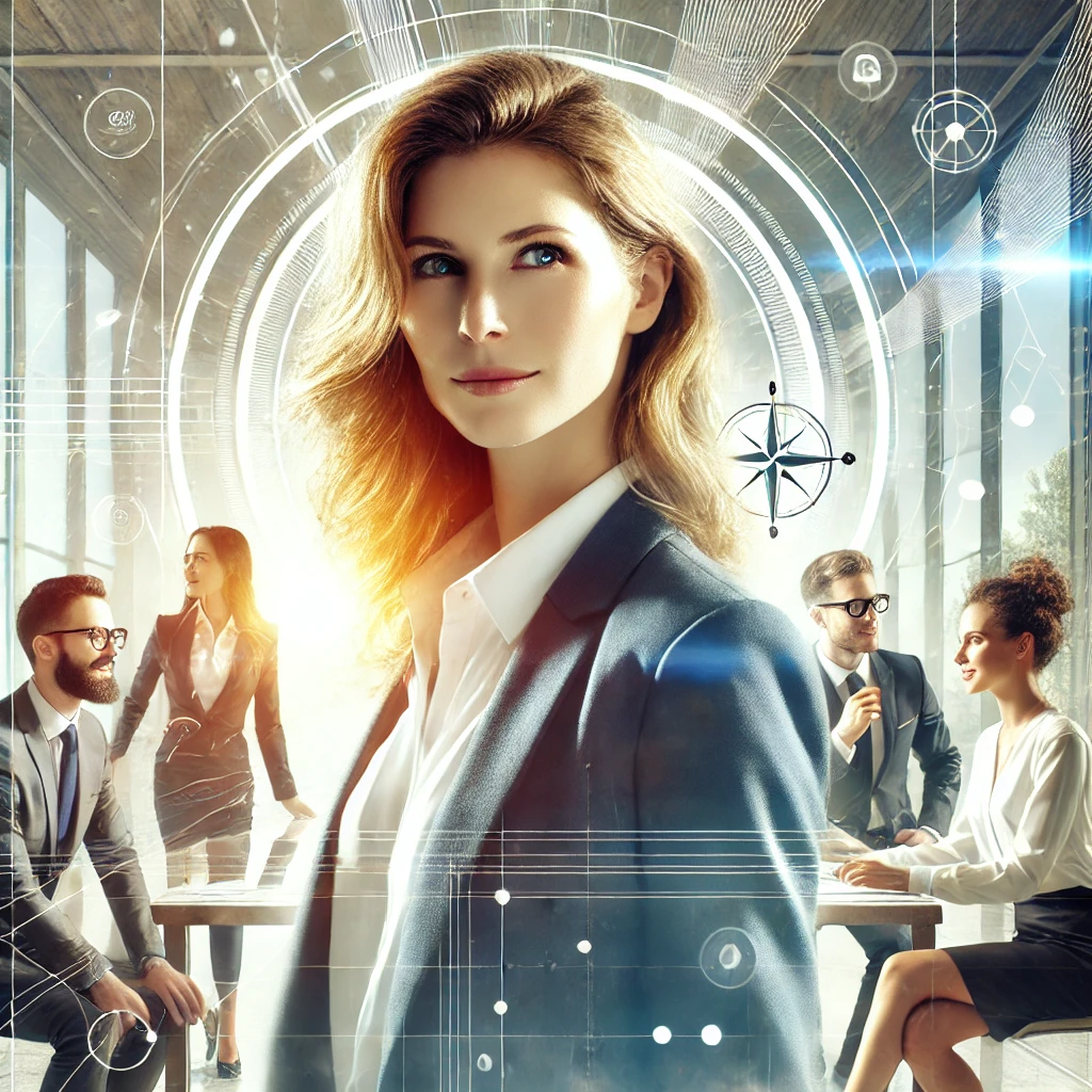 Frau in einem modernen Business-Outfit, umgeben von einem Team in einem hellen, futuristischen Büro. Symbolisiert authentische Führung und Teamarbeit.
