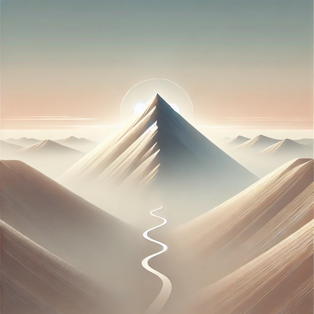 Minimalistisches Bild einer Bergspitze mit einem geschwungenen Pfad, der nach oben führt, symbolisiert den Erfolg durch Selbstentwicklung.
