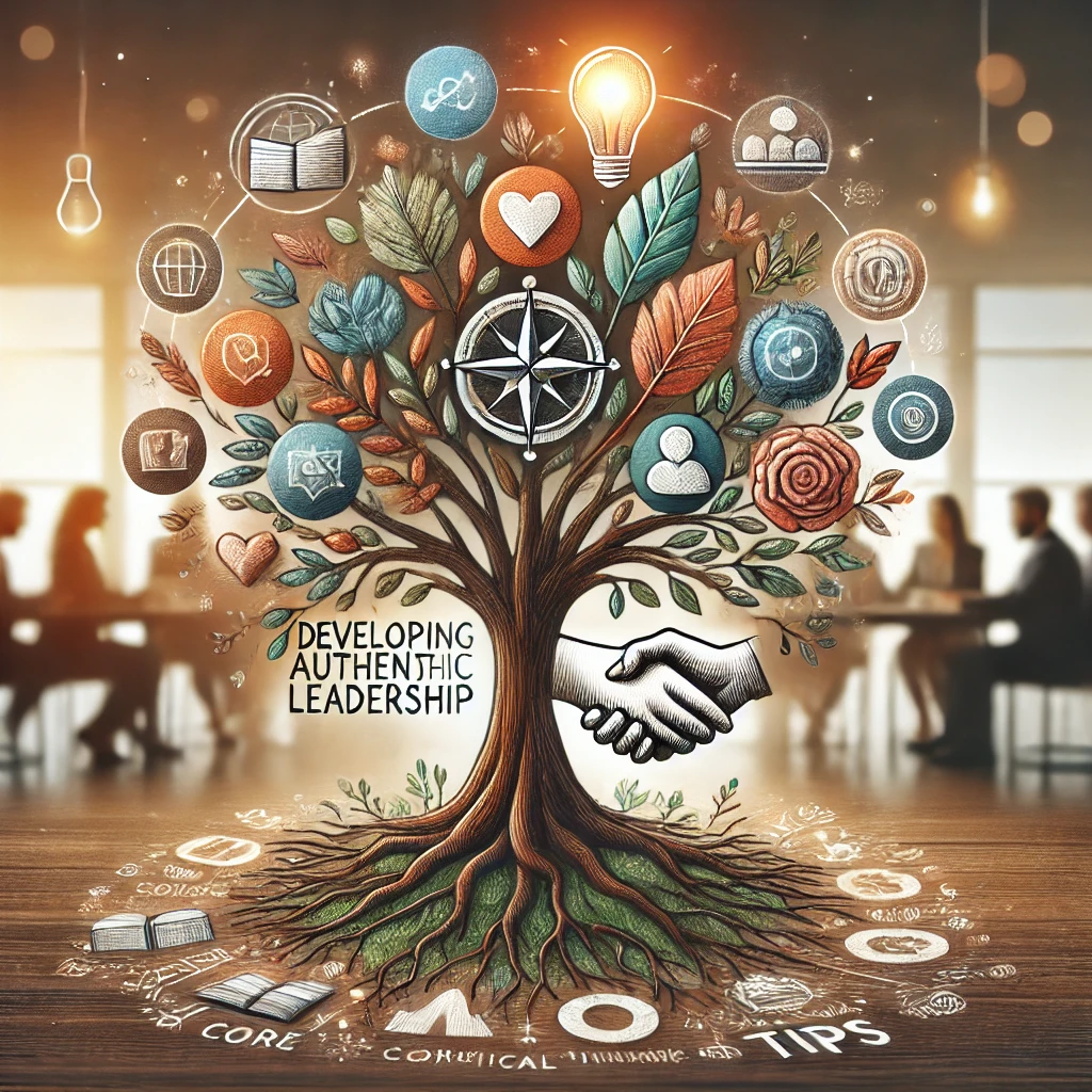 Baum mit tiefen Wurzeln und symbolischen Blättern für Kernwerte, kontinuierliches Lernen und Führung, umgeben von einem Team, das an einem Tisch arbeitet. Symbolisiert die Entwicklung authentischer Führung.