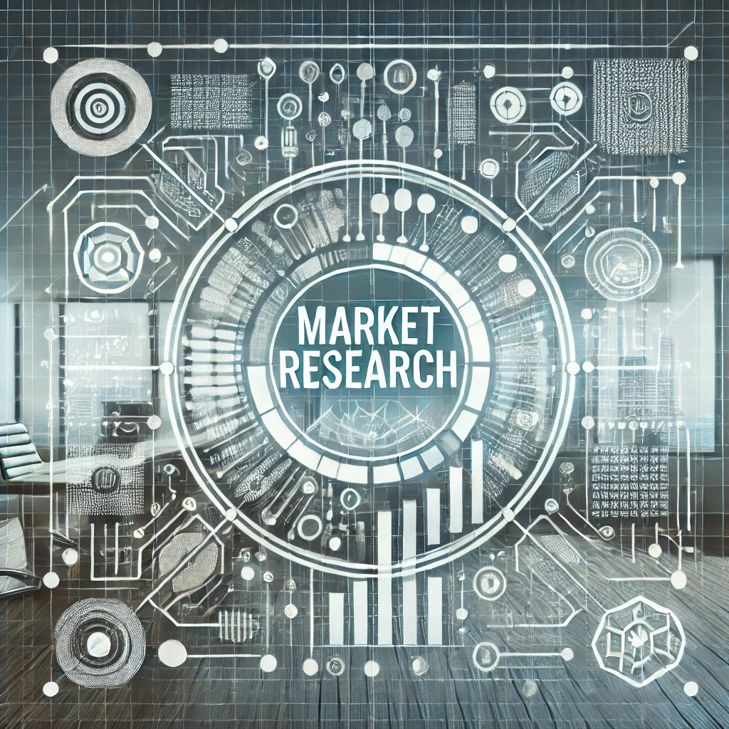 Visualisierung von Marktforschung in der Wirtschaft mit zentralem Fokus auf Datenanalyse, Diagrammen und abstrakten Elementen in einem modernen Büroambiente.
