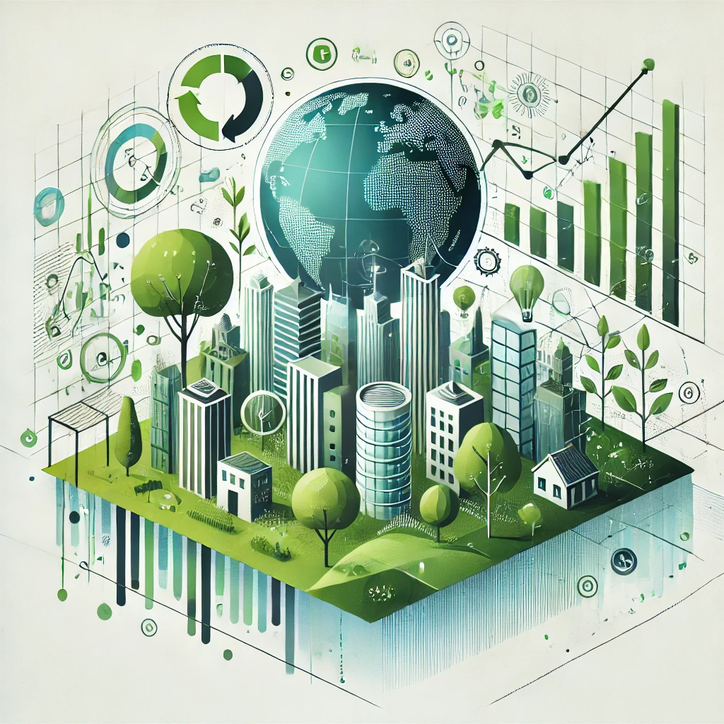 Nachhaltigkeit im Unternehmenskontext: Illustration einer modernen, umweltfreundlichen Stadt mit grünen Elementen und Diagrammen, die Fortschritt und Wachstum darstellen.