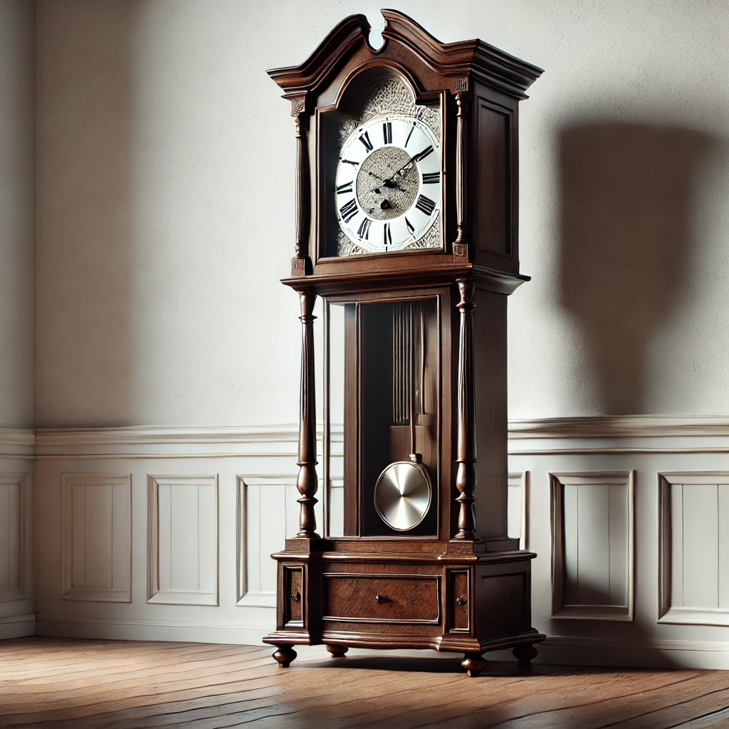 Massive Standuhr aus dunklem Holz vor einer weißen Wand, die Tradition und Beständigkeit symbolisiert.