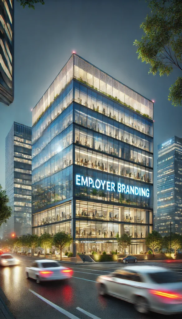 Unternehmen mit Arbeitgebermarke: Moderne Außenansicht eines Bürogebäudes mit leuchtendem Schild, das die Arbeitgebermarke hervorhebt. Urbanes Umfeld, das Innovation und Professionalität vermittelt.