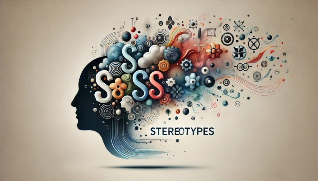 Grafisches Bild eines menschlichen Kopfes, aus dem bunte und abstrakte Formen und Symbole strömen, die die Entstehung und den Einfluss von Stereotypen symbolisieren.