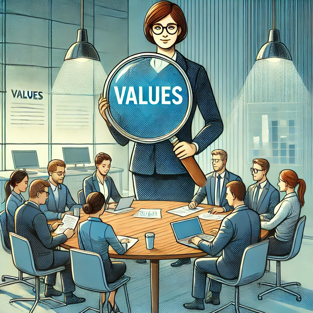 Menschen arbeiten an einem runden Tisch, während eine Person eine Lupe mit dem Wort "VALUES" hält, um den Fokus auf die Identifizierung von Unternehmenswerten zu symbolisieren.