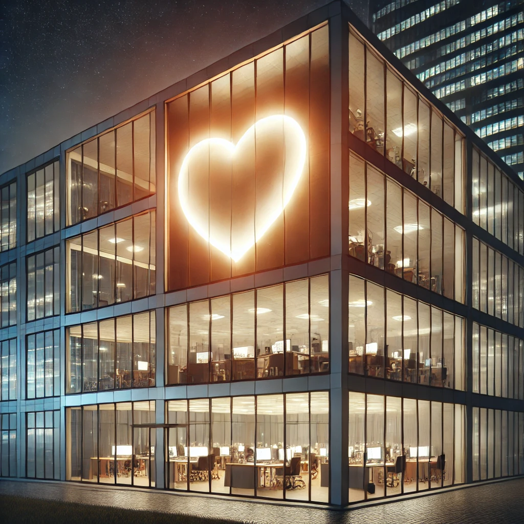 Modernes Bürogebäude bei Nacht mit einem leuchtenden, schwebenden Herz darüber, das Unternehmenswerte symbolisiert. Durch die großen Glasfenster sind beleuchtete Büroräume sichtbar.