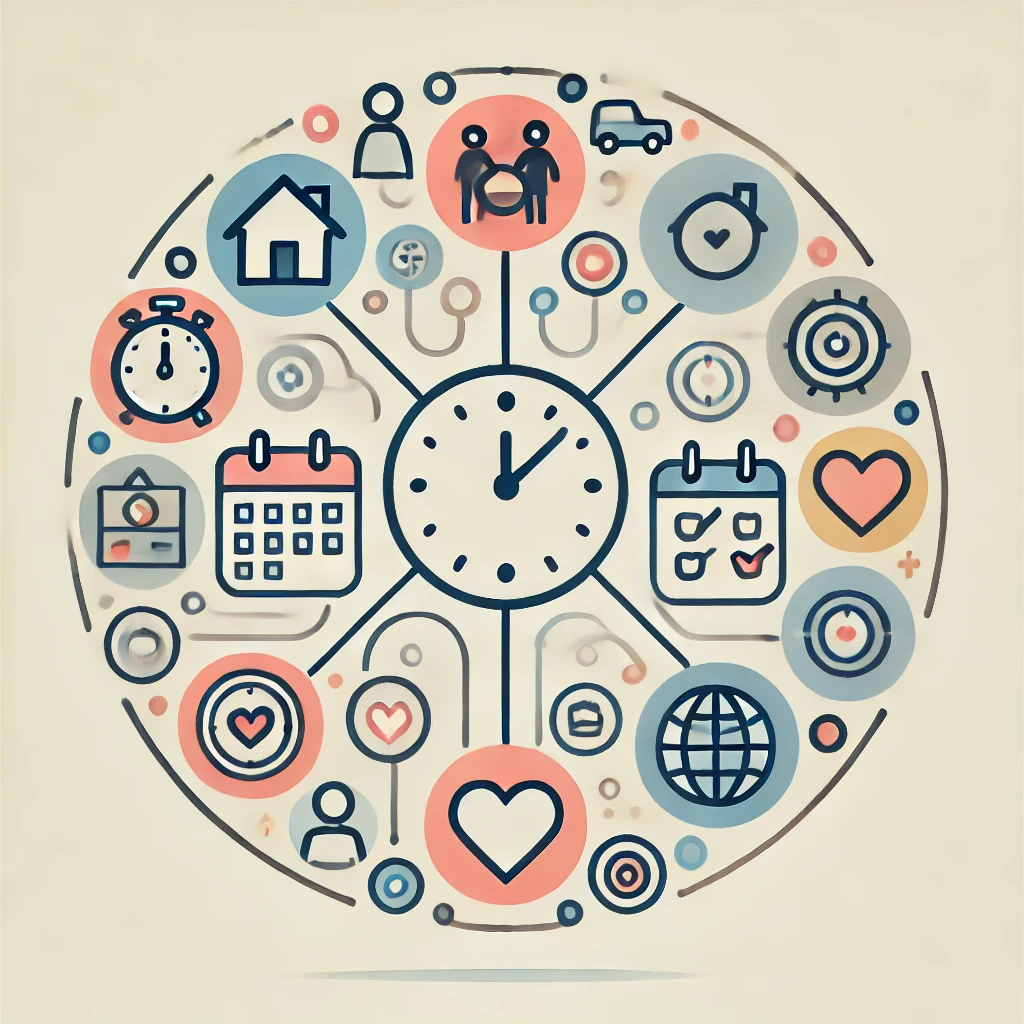 Grafische Darstellung des Zeitmanagements im Privatleben, mit Symbolen für Familie, Haushalt und Freizeit, die um eine Uhr angeordnet sind.