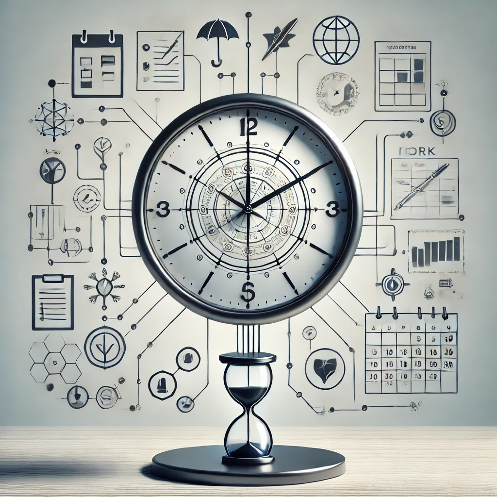 Zeitmanagement dargestellt durch eine moderne Uhr, umgeben von Symbolen für Arbeit, Freizeit und Organisation, die eine Balance und Priorisierung von Aufgaben veranschaulichen.