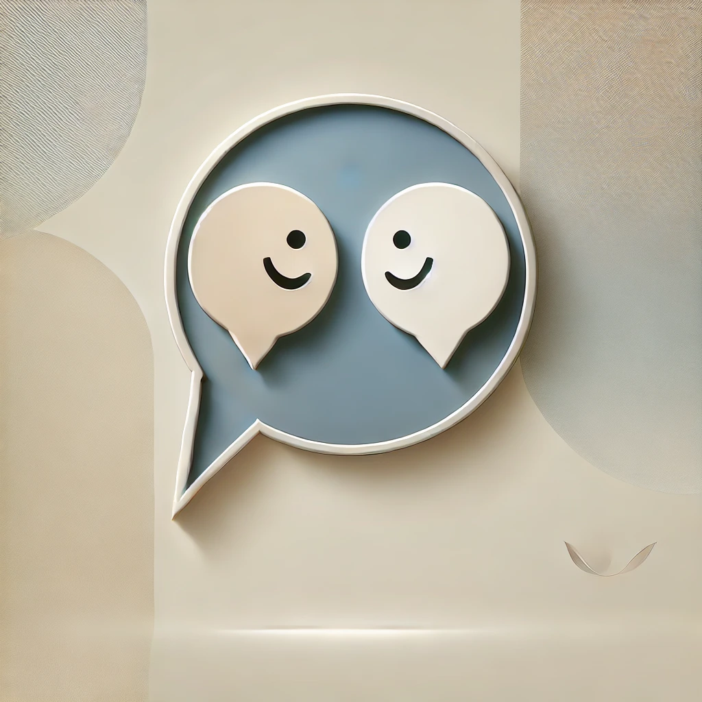 Zwei stilisierte Figuren mit einer großen, lächelnden Sprechblase im Emoji-Stil vor einem eleganten, modernen Hintergrund.