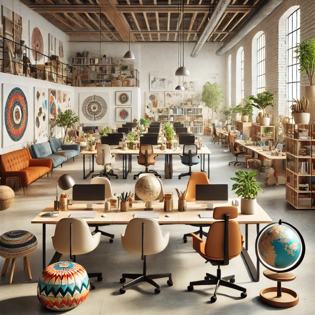 Offenes und modernes Büro mit global inspirierten Dekorelementen, das Diversität am Arbeitsplatz symbolisiert, ohne Menschen darzustellen.