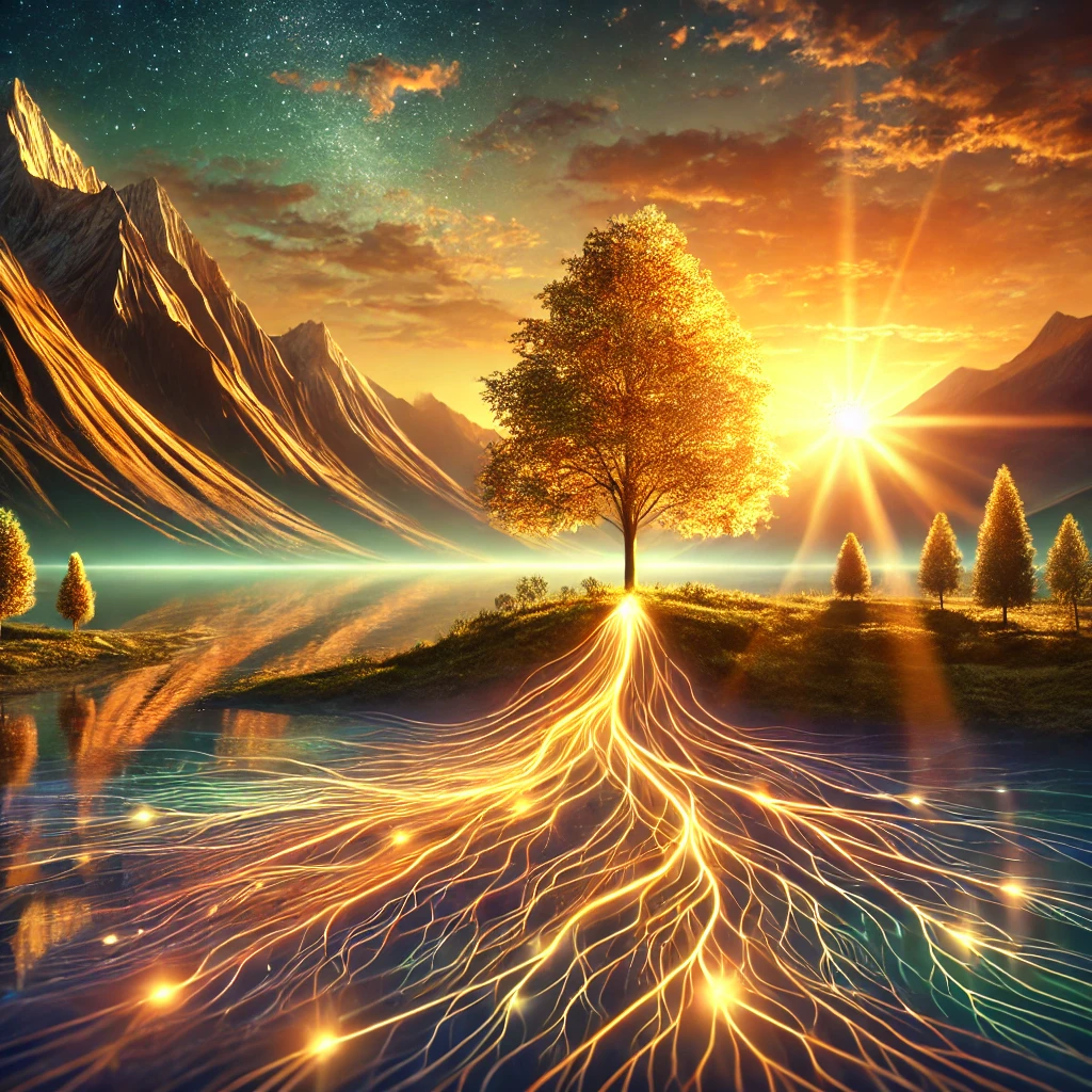Ein inspirierendes Bild eines Baumes mit leuchtenden Wurzeln, die in einer idyllischen Landschaft bei Sonnenaufgang verankert sind. Die Szene symbolisiert Wachstum, Werte und tiefe Verwurzelung.