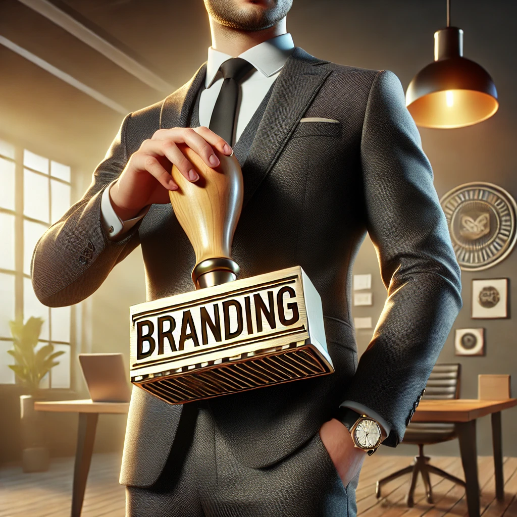 Mitarbeitende in professionellem Anzug halten einen großen Stempel mit dem Schriftzug "Branding" in einem modernen Büro, symbolisierend die Kraft des internen Brandings.