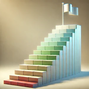 Abstrakte Darstellung einer Treppe mit einer Fahne an der Spitze, die die Schritte und das Ziel einer erfolgreichen Positionierung symbolisiert.