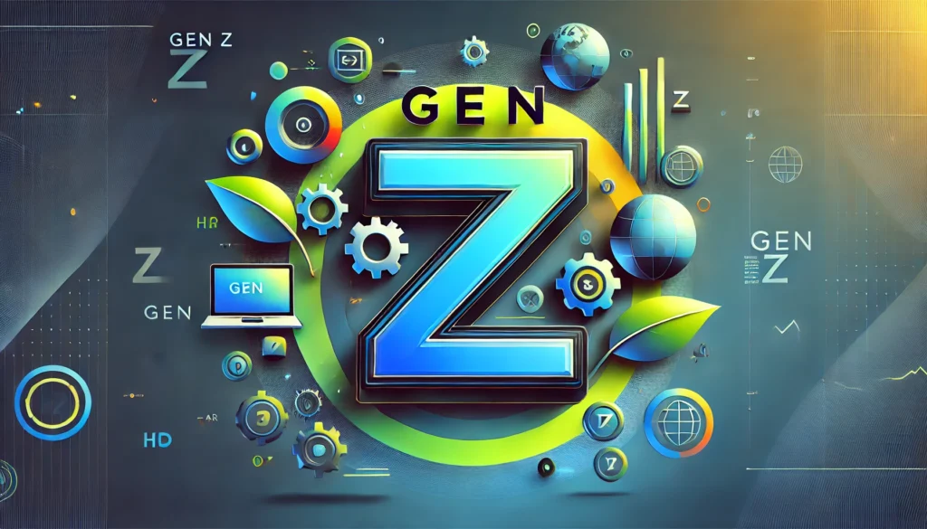 Futuristisches Bild mit dem Fokus auf „GEN Z“ in großen, leuchtenden Buchstaben. Umgeben von Symbolen wie Zahnrädern, einer Weltkugel, einem Laptop und einem Blatt, die Themen wie Technologie, Nachhaltigkeit, Wachstum und Innovation darstellen.