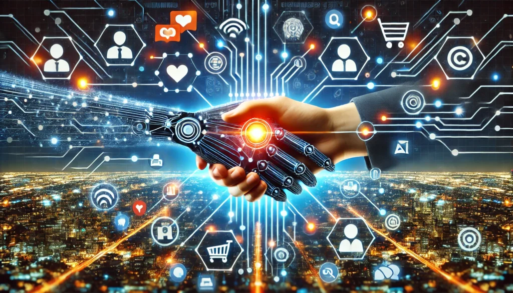 Eine digitale Hand und eine menschliche Hand reichen sich in einem leuchtenden Netzwerk die Hand. Umgeben von Symbolen für soziale Medien, E-Commerce und Kommunikation steht das Bild für Kundenbindung in der digitalen Ära.