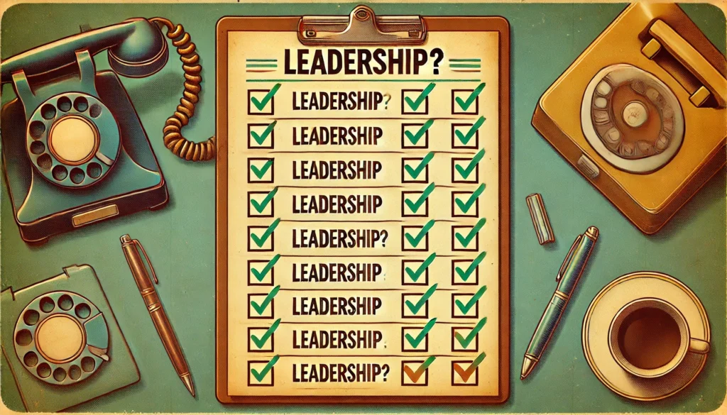 Retro-Checkliste mit zehn abgehakten Punkten zum Thema Leadership, umgeben von alten Telefonen, Stiften und Kaffeetasse in nostalgischem Büro-Design