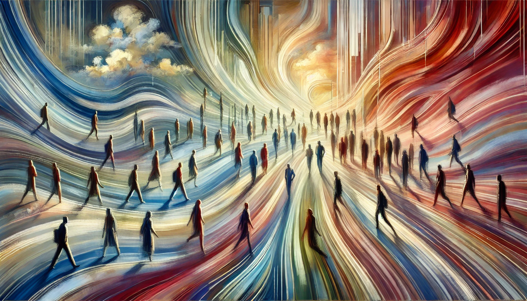 Menschen bewegen sich in einer abstrakten, farbenreichen Umgebung mit dynamischen Linien – symbolisch für kulturelle Veränderung und Bewegung in Organisationen.