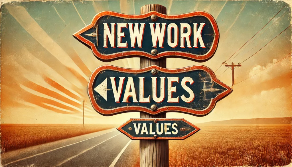 Retro-Wegweiser mit zwei verbundenen Schildern, die „New Work“ und „Values“ anzeigen. Die Schilder sind wettergegerbt, aber stabil und zeigen in unterschiedliche Richtungen. Im Hintergrund eine offene Straße und ein nostalgischer Sonnenuntergang.