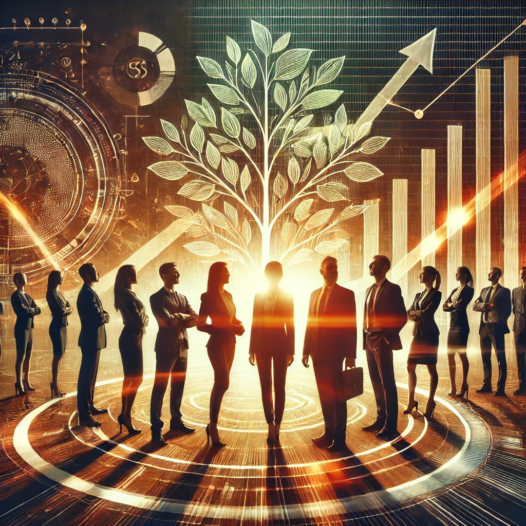 Professionelles Team steht im Kreis vor einem leuchtenden Baum, der Wachstum und Unternehmenswerte symbolisiert, mit Hintergrund aus Daten, Technologie und Erfolgsgraphen.