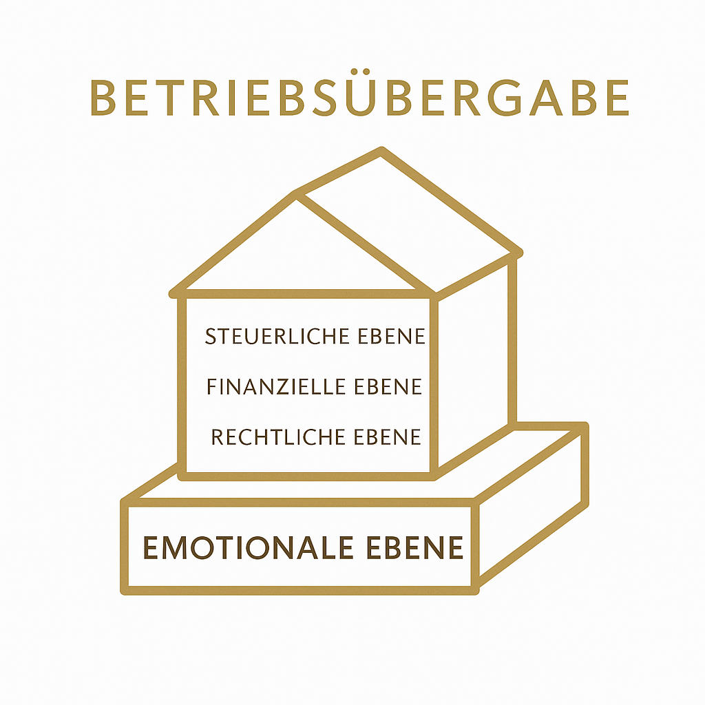 Grafik zur Betriebsübergabe begleiten mit Fokus auf emotionale, steuerliche, finanzielle und rechtliche Ebenen in Hausform dargestellt