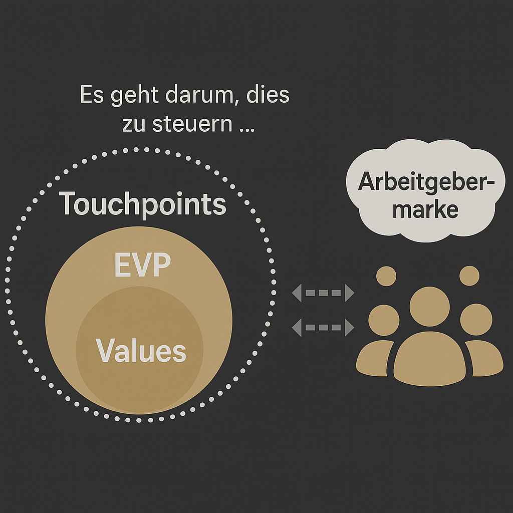 Grafik zur Steuerung der Arbeitgebermarke durch Touchpoints, EVP und Werte im Kontext von werteorientiertem Employer Branding