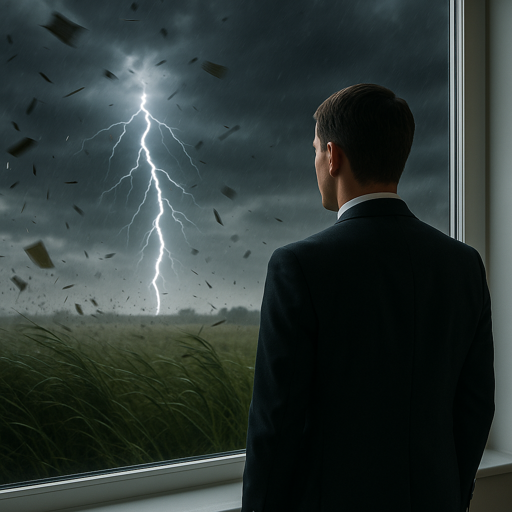 Mann im Anzug blickt durch sauberes Fenster auf Gewitter mit Blitz und Sturm in dunkler Landschaft