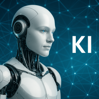 Humanoider Roboter vor digitalem Netzwerk mit Schriftzug KI – Symbol für Künstliche Intelligenz im technologischen Kontext