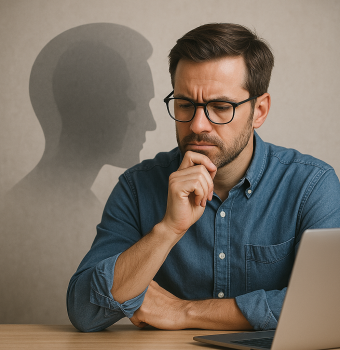 Nachdenklicher Mann am Laptop mit Schattenprofil – Symbolbild für Reflexion und kritisches Denken im digitalen Zeitalter