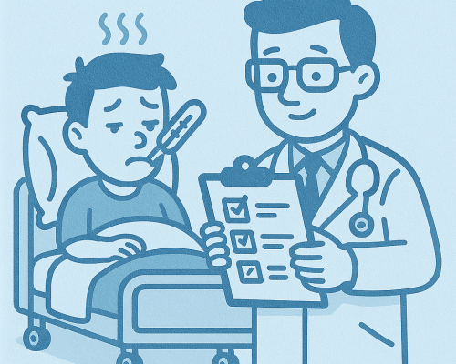 Illustration eines kranken Patienten im Bett mit Fieberthermometer und Arzt, der mit Checkliste Symptome prüft.