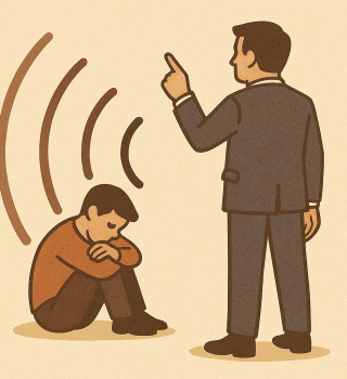 Illustration eines Führungskräfte-Monologs mit sitzender, zurückgezogener Person als Echo-Symbol für stillen Rückzug