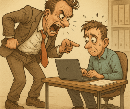 Comicartige Szene zeigt überforderte Führungssituation im Büro