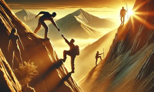 Bergsteiger helfen sich gegenseitig beim Aufstieg, während andere eigenständig einen steilen Hang erklimmen. Die Szene ist in warmes Sonnenlicht getaucht und symbolisiert Vertrauen, Teamwork und Eigenverantwortung.