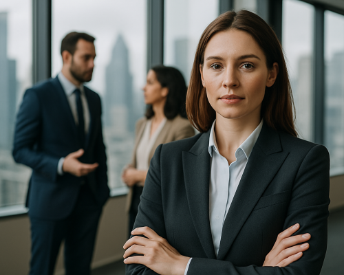 Selbstbewusste weibliche Führungskraft im Business-Outfit steht vor zwei diskutierenden Kolleg:innen im Hintergrund eines modernen Büros